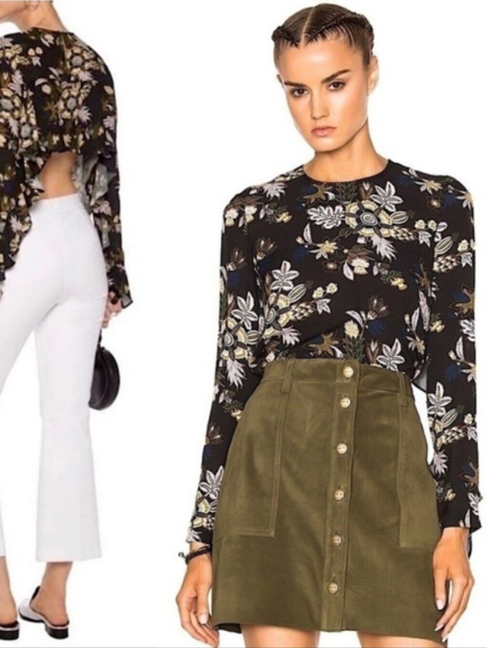 A.L.C Floral Ruffle Cutout Crop Top - Black